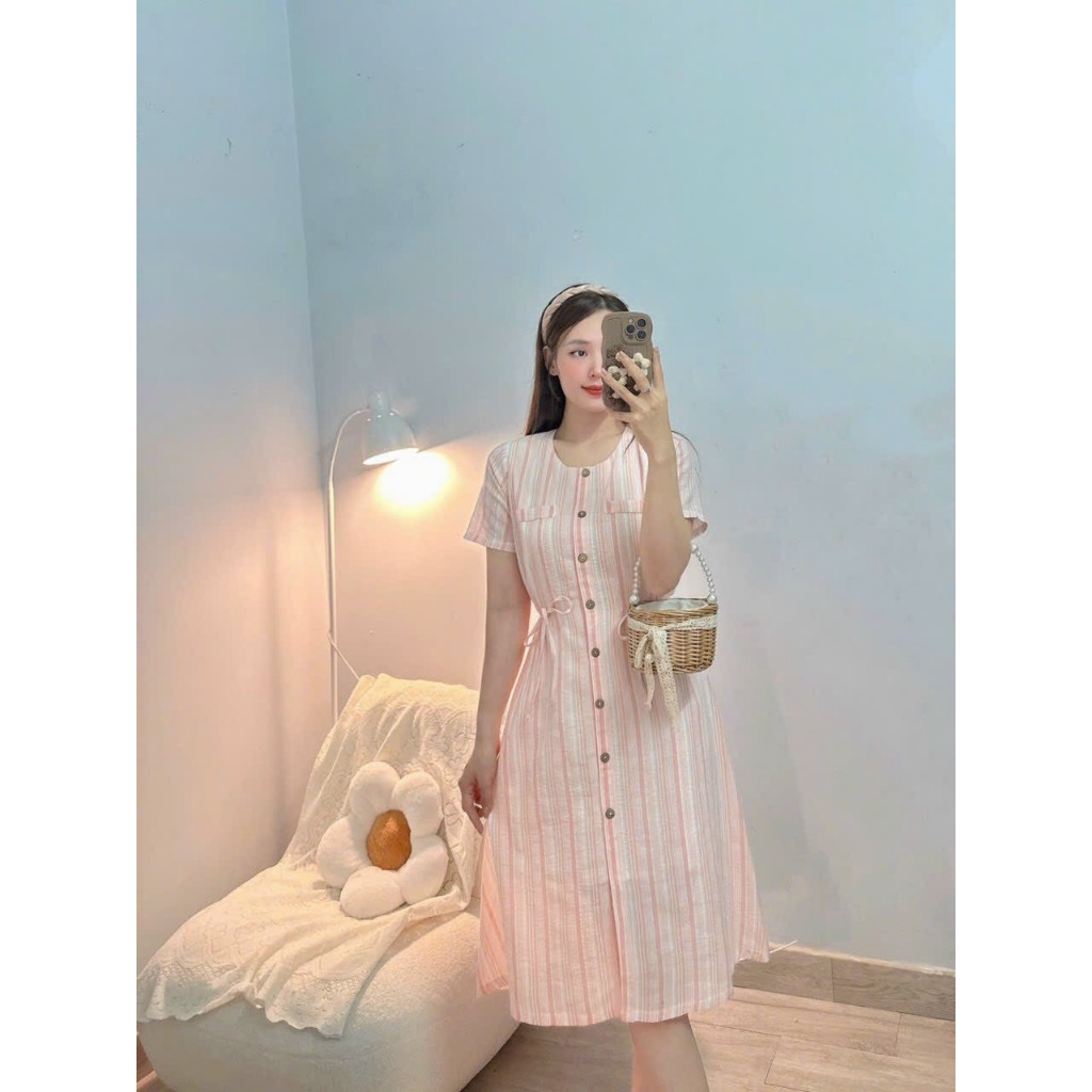 ĐẦM THIẾT KẾ SỌC CARO PHỐI KIỂU NÚT KẾT HỢP DÂY NƠ- Hình shop chụp thật