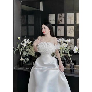 Đầm thiết kế trễ vai phối voan tơ dự tiệc_váy midi dáng xòe ôm eo sang trọng thanh lịch