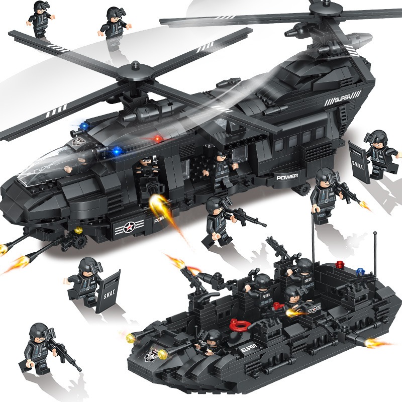 Bộ đồ chơi lắp ráp máy bay trực trực thăng vận tải 1400CT, lắp ghép tàu chiến cảnh sát biển