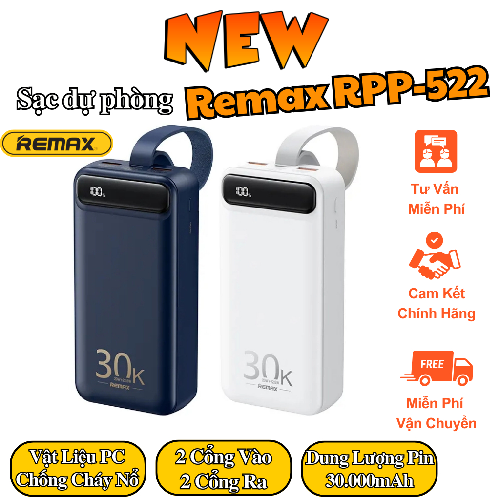 Sạc Dự Phòng Sạc Nhanh Remax RPP-522 30.000mAh ,Màn Hình Led, Type C PD20W,Có Thể Sạc Nhiều Thiết Bị Bảo Hành 12 Tháng