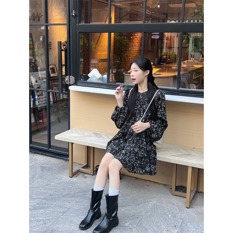 ĐẦM BABYDOLL HOA NHÍ DÀI TAY DÁNG XOÈ - VÁY HOA NHÍ BABYDOLL ĐEN DÀI TAY NHÚN LI VAI style Ulzzang Pea Store (Ảnh thật)