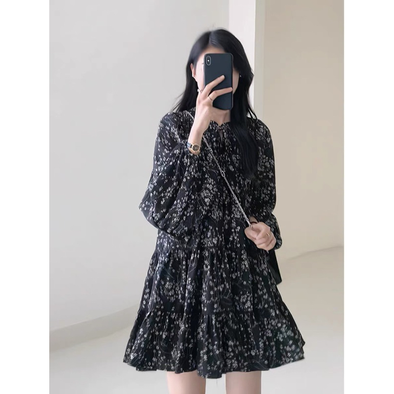 ĐẦM BABYDOLL HOA NHÍ DÀI TAY DÁNG XOÈ - VÁY HOA NHÍ BABYDOLL ĐEN DÀI TAY NHÚN LI VAI style Ulzzang Pea Store (Ảnh thật)