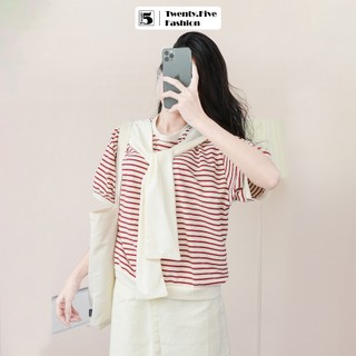 Áo thun nữ Twentyfive cổ tròn thắt nơ thủy thủ họa tiết kẻ ngang vải mắt chim co dãn thấm hút 4874