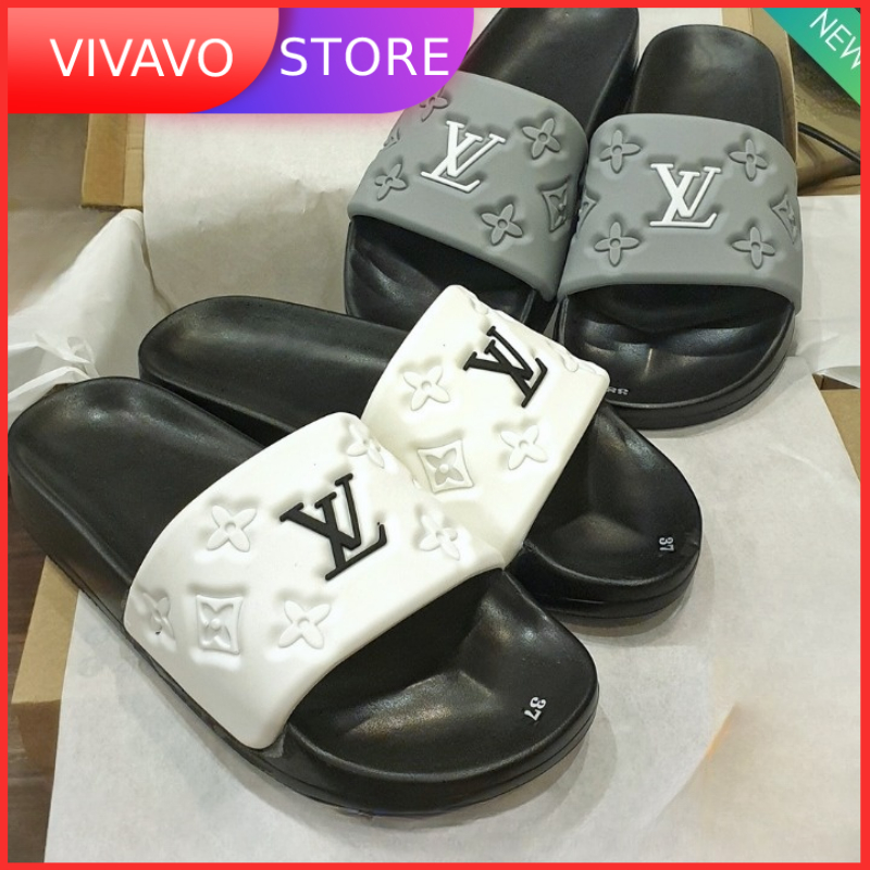 Dép lê thời trang quai ngang nam chữ LV quai đen đẹp.Hàng sẵn kho từ 38-43
