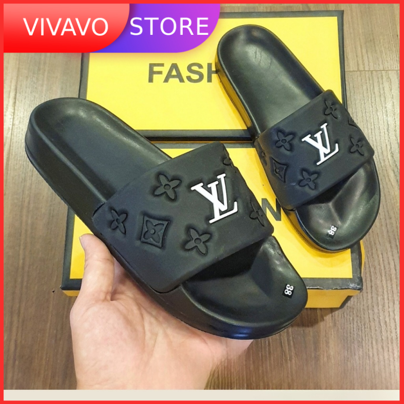 Dép lê thời trang quai ngang nam chữ LV quai đen đẹp.Hàng sẵn kho từ 38-43