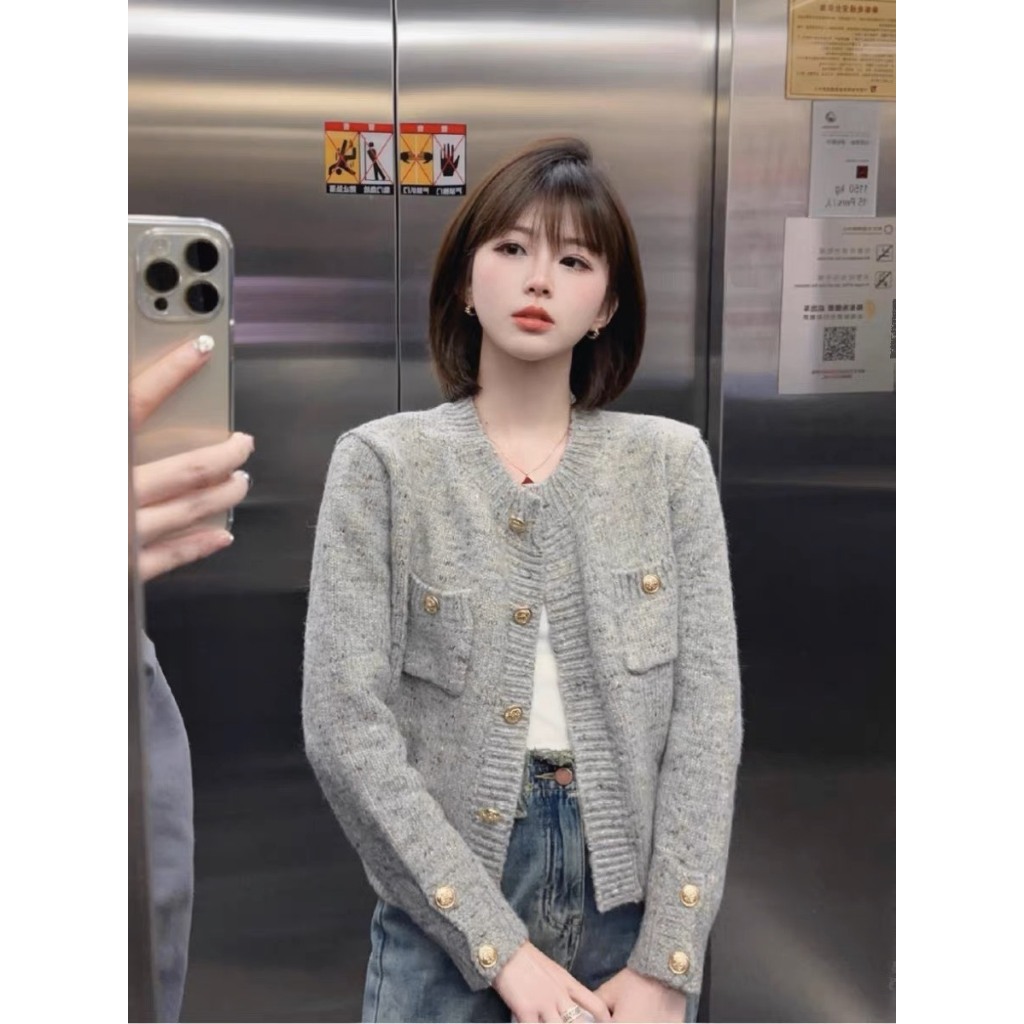 Áo cardigan len xám khuy đồng hàng QC freesize