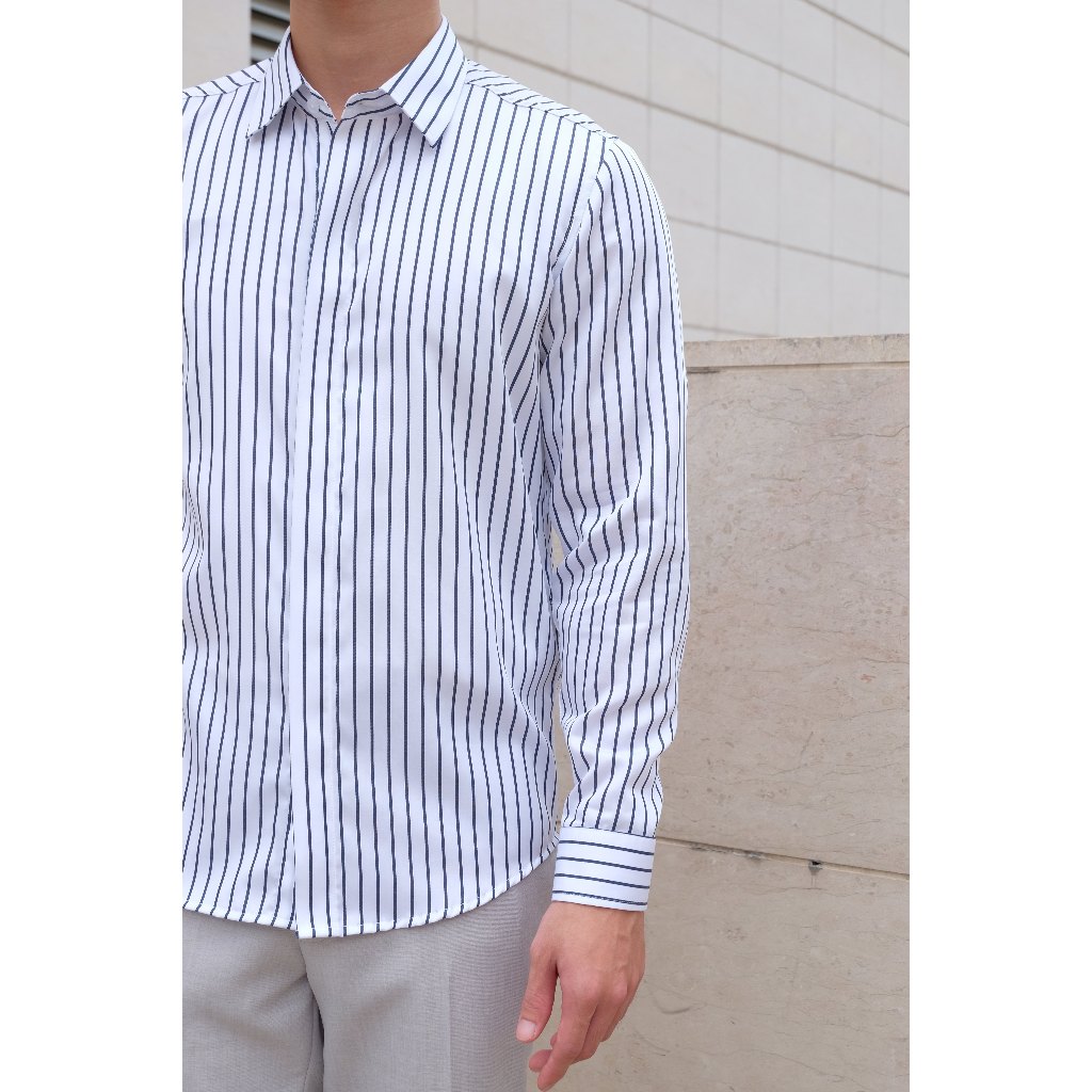 Áo Sơmi Nam Công Sở Thường Ngày Không Túi Sọc Xanh Trắng Cổ Bẻ Cơ Bản BetterNick