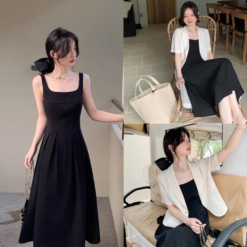 Đầm hai dây cổ vuông xoè dáng dài + áo khoác vest