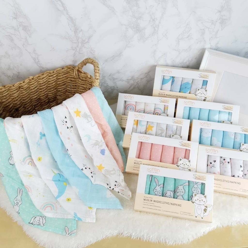 Combo 6 khăn sữa sợi tre Sofflin (Thái Lan) size S 30x30cm - Họa tiết Forest Pals, Unicorn & Sherbet