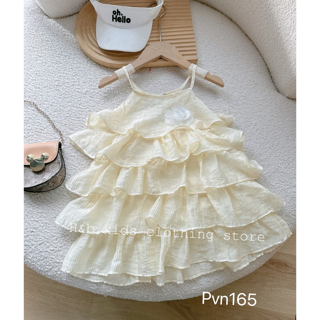 Váy bé gái 2 dây đính hoa nhiều tầng cho bé yêu từ 8-20kg