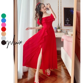 Đầm maxi nữ bèo tầng có lót xẻ tà mimix bk8210