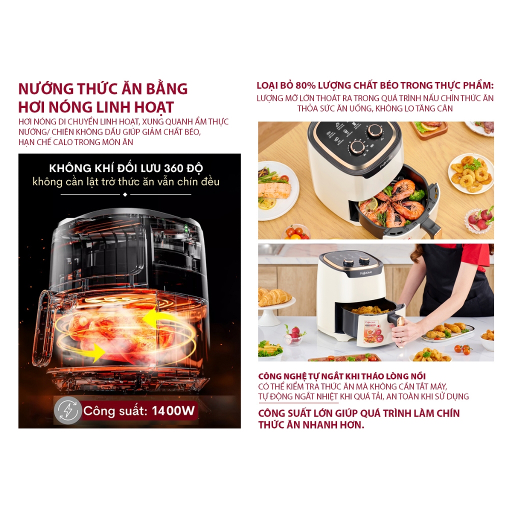 Nồi chiên không dầu FujiHome nhập khẩu, Lò chiên không dầu Nhật Bản công suất 1400W - Bảo hành 18 tháng