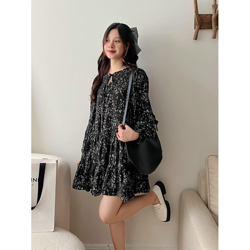 ĐẦM BABYDOLL HOA NHÍ DÀI TAY DÁNG XOÈ - VÁY HOA NHÍ BABYDOLL ĐEN DÀI TAY NHÚN LI VAI style Ulzzang Pea Store (Ảnh thật)