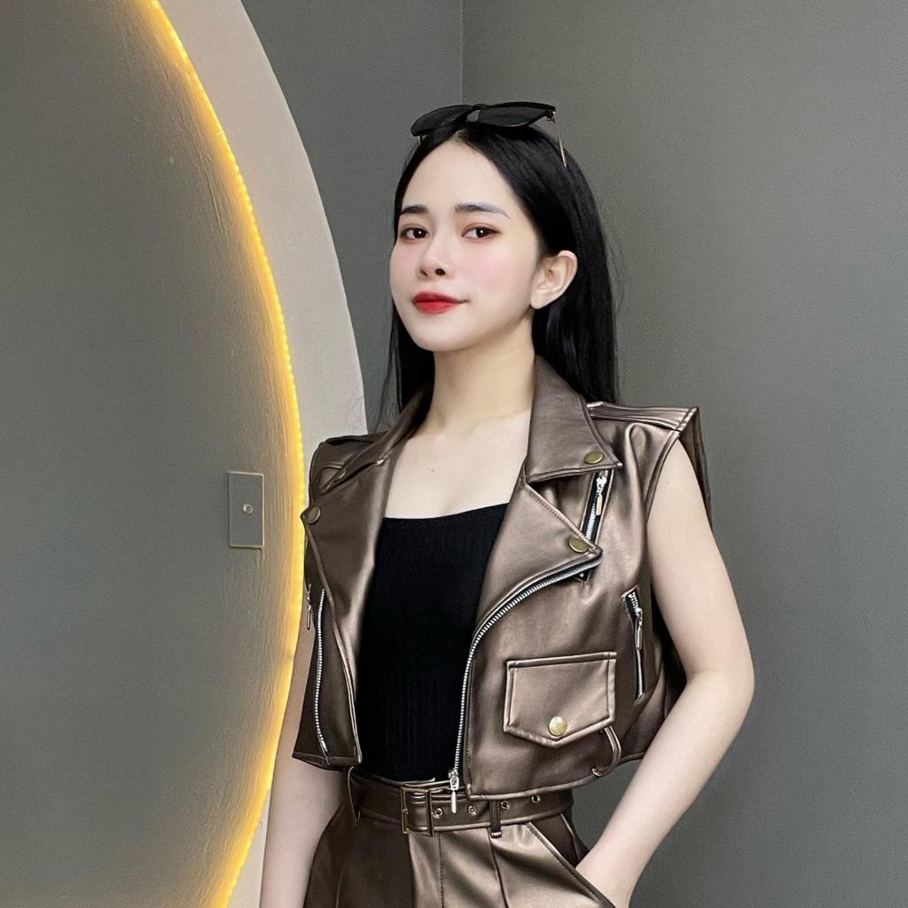 Áo Da Thiết Kế Croptop Cộc Tay Kéo Khóa Túi Kiểu Phá Cách Dành Cho Nữ A314 - Thanh Tự