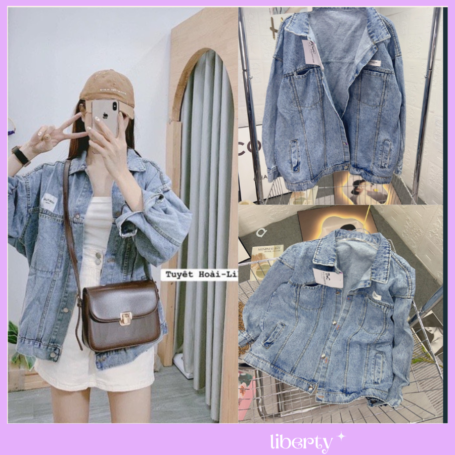 Áo Khoác Jeans  Bò Logo Trắng Màu Xanh Nhạt Nam NỮ Mặc Đẹp