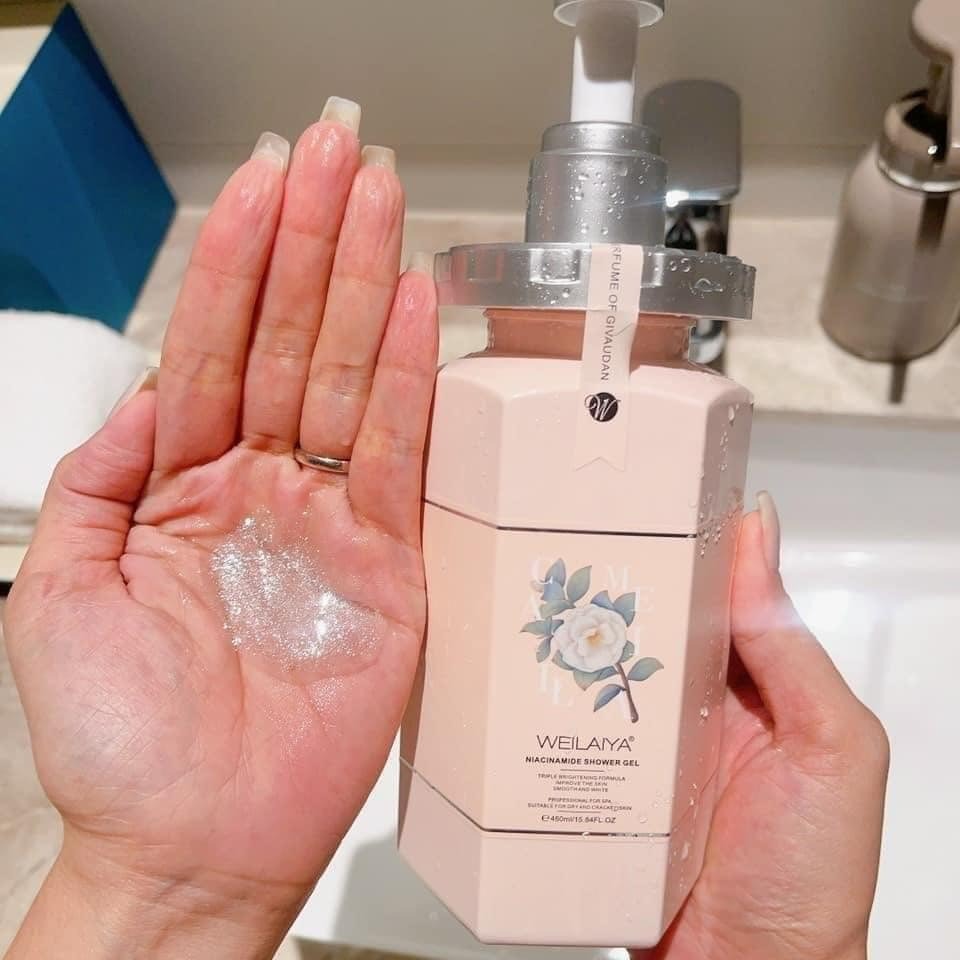 Sữa tắm nước hoa trắng da Weilaiya, tinh chất hoa hồng Damask và hoa trà Niacinamide 450ml, hàng chính hãng