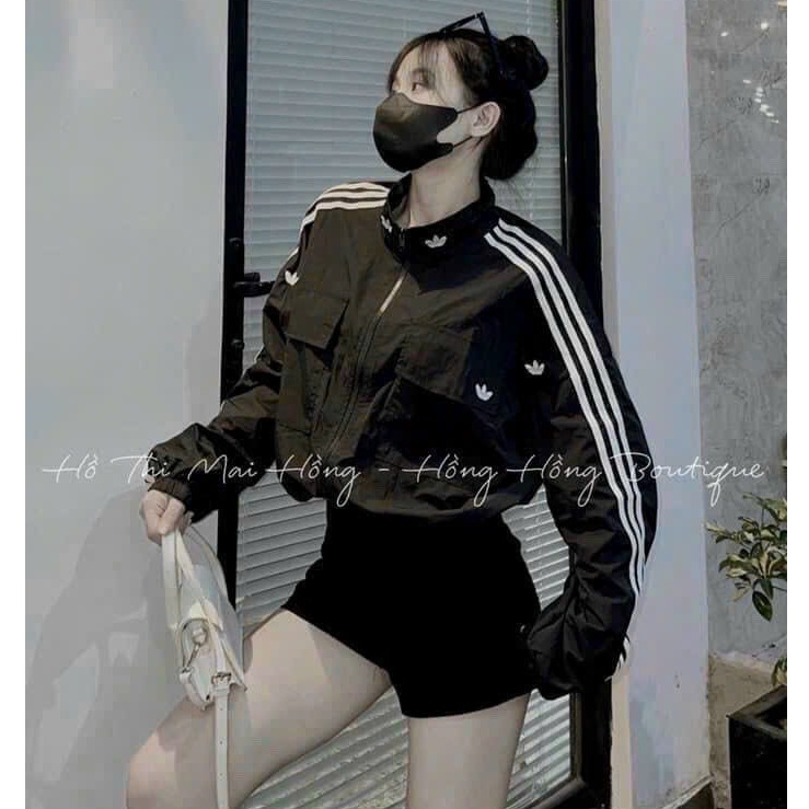 Áo khoác dù lửng form rộng dây rút eo túi hộp 3 SỌC LỬNG thêu logo adidas unisex nam nữ cá tính năng động