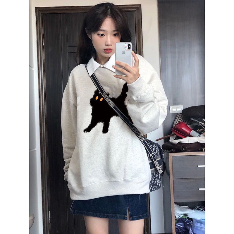 Áo Nỉ Sweater From Rộng Siêu Ấm Mềm Mịn In Hình Mèo Đen