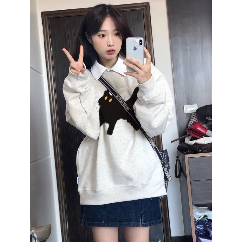 Áo Nỉ Sweater From Rộng Siêu Ấm Mềm Mịn In Hình Mèo Đen