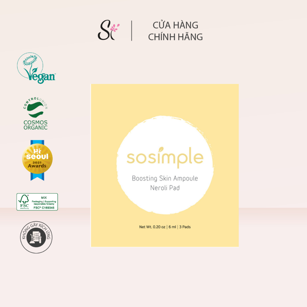 Mini Mặt nạ hoa bưởi dưỡng ẩm Si sosimple Boosting Skin Ampoule Neroli Pad 6ml