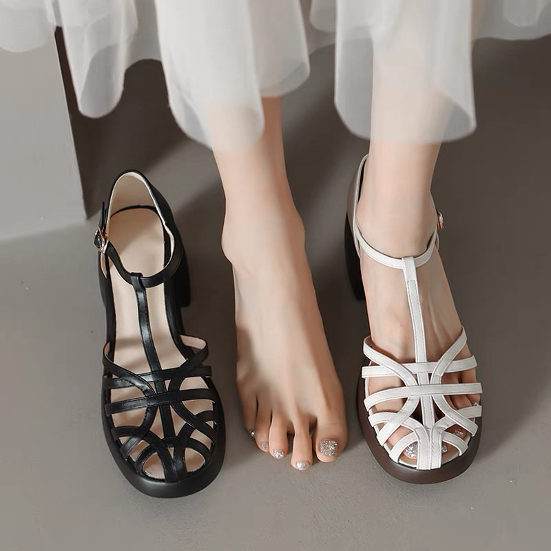 ORDER ✅ Giày da đan rọ gót cao su tròn 34-39