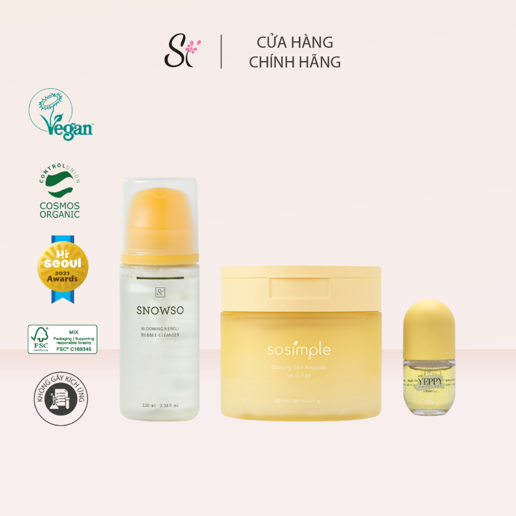 Combo Oil Balance Sữa Rửa Mặt Si Snowso 100 ml + Mặt Nạ Hoa Bưởi Dưỡng Ẩm Si Sosimple 200ml + Dầu Dưỡng Ẩm Si Yeppy 8ml