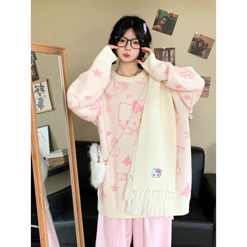 SẴN len sweater cổ tròn mèo Kitty trắng be phối hồng nhạt pastel siêu xinh oversize dáng dài ulzzang thu đông