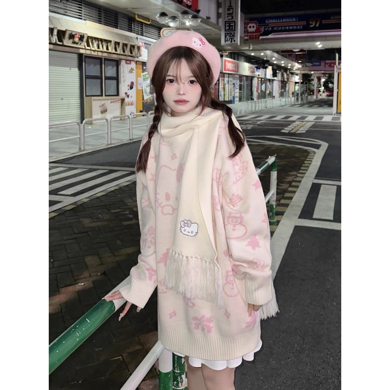 SẴN len sweater cổ tròn mèo Kitty trắng be phối hồng nhạt pastel siêu xinh oversize dáng dài ulzzang thu đông