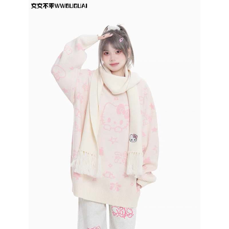 SẴN len sweater cổ tròn mèo Kitty trắng be phối hồng nhạt pastel siêu xinh oversize dáng dài ulzzang thu đông