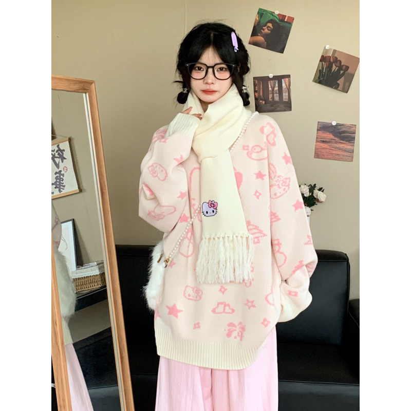 SẴN len sweater cổ tròn mèo Kitty trắng be phối hồng nhạt pastel siêu xinh oversize dáng dài ulzzang thu đông