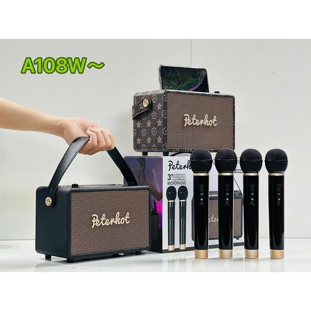 Loa Bluetooth Karaoke Cầm Tay A108W - 2 Mic, Micro Kết Nối Không Dây, Bass Mạnh, Bluetooth 5.0, Chính Hãng Bảo Hành 12T