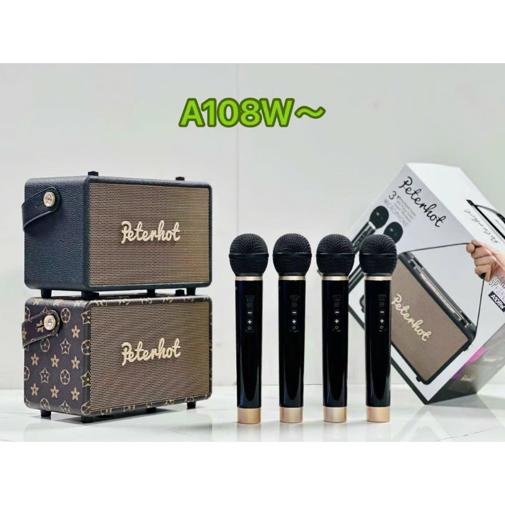 Loa Bluetooth Karaoke Cầm Tay A108W - 2 Mic, Micro Kết Nối Không Dây, Bass Mạnh, Bluetooth 5.0, Chính Hãng Bảo Hành 12T