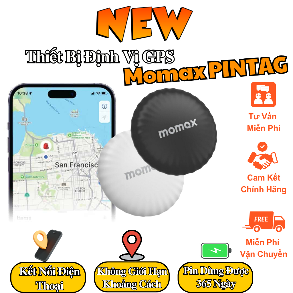 Thiết Bị Định Vị Mini GPS Momax PINTAG, Định Vị Thú Cứng, Xe Cộ, Chìa Khóa... Pin Dùng 365 Ngày - Bả