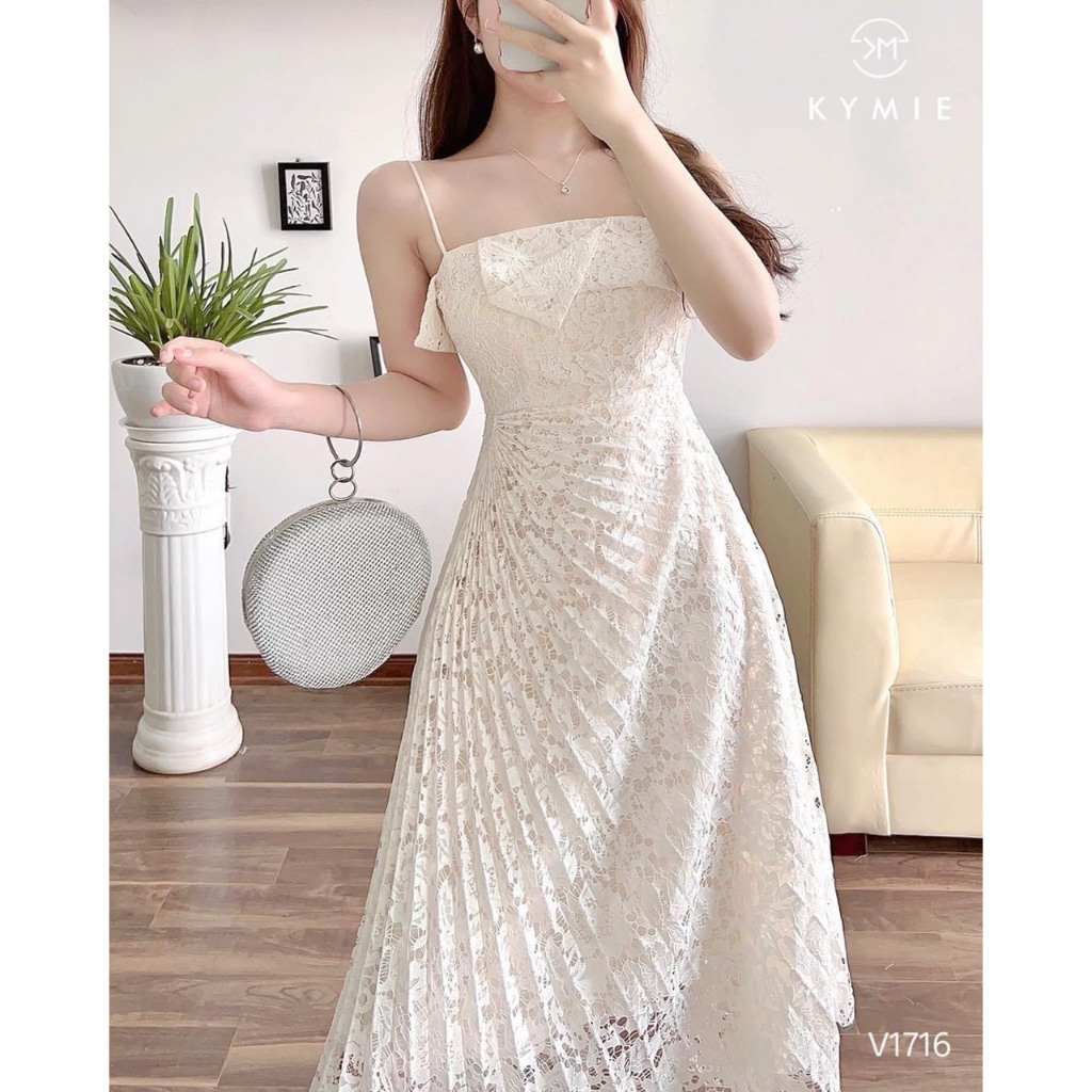 VÁY REN VINTAGE 2 DÂY PHỐI VẠT XẾP LY XÉO 101023