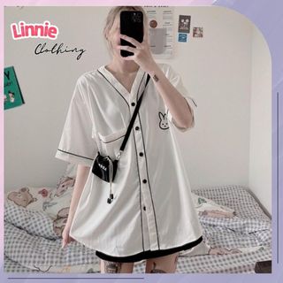 Áo Sơ Mi Nữ Form Rộng Tay Ngắn Linnie Áo Kiểu Nữ Ngắn Tay Cổ V Chất Kate Mềm Mịn Với Logo Thỏ Thêu SM1