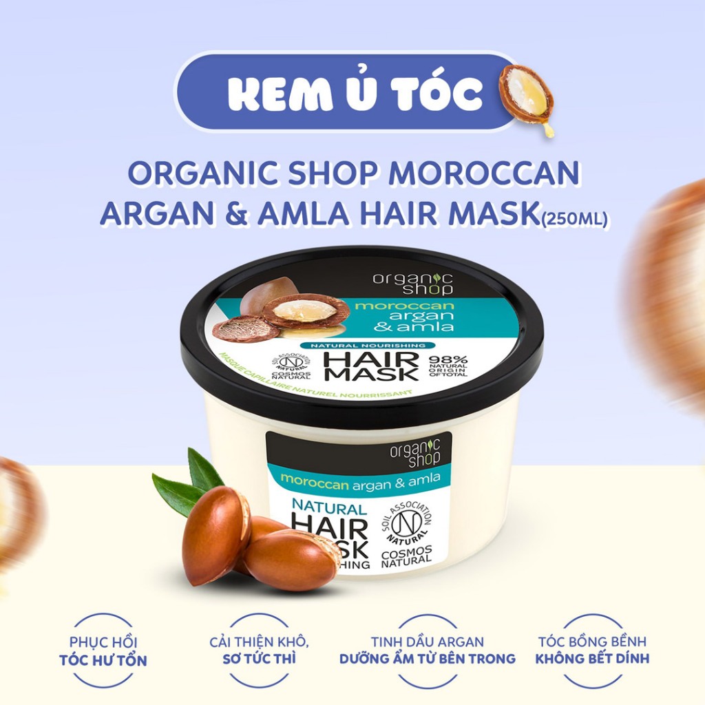 Kem ủ tóc Organic Shop Hair Mask Chiết Xuất Dầu Argan &amp; Quả Amla - phục hồi tóc hư tổn