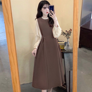 Đầm dự tiệc dáng dài chất chéo hàn dày dặn phối tay màu nâu, đen - Váy tiểu thư phối voan be dáng xoè đi tiệc