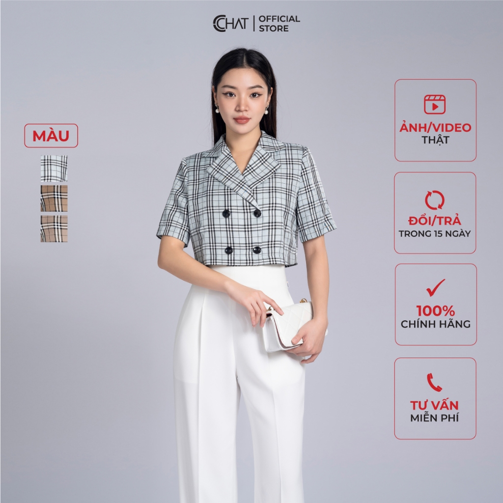 Áo Sơ Mi Nữ 𝐂𝐂𝐇𝐀𝐓 Kiểu Croptop Kẻ Sọc Dáng Suông Chất Tuytsi Cao Cấp 23FNS5001ST