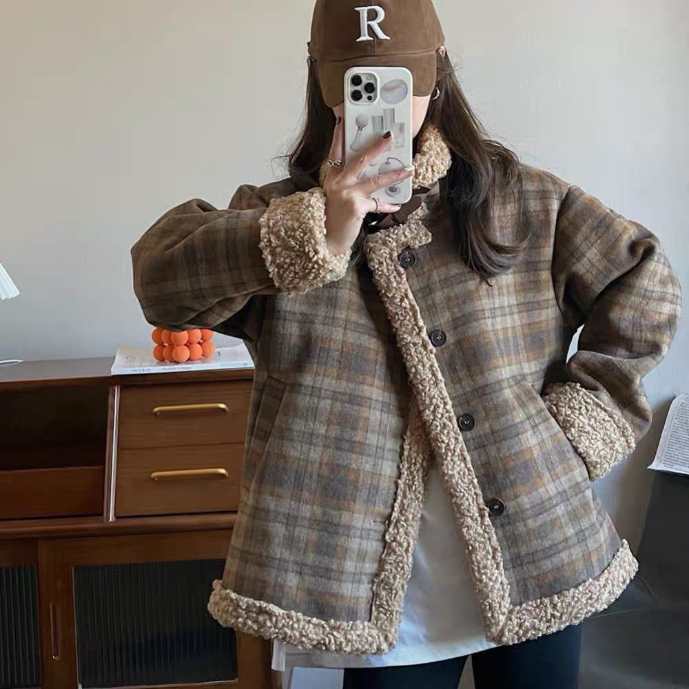 Áo Khoác Lông Cừu Kẻ Caro Dày Dặn Màu Retro Thời Trang Quảng Châu M2859 - Violet
