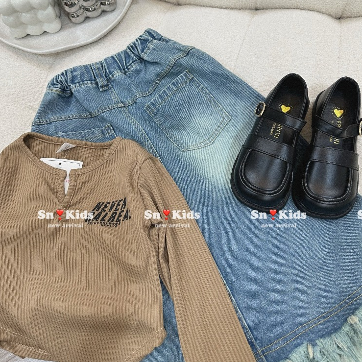 Set Áo Len Tăm Dài Tay Cho Bé Gái WOWKIDS Kèm Chân Váy Jeans Bò Mềm Thời Trang Cho Bé Đi Học Đi Chơi