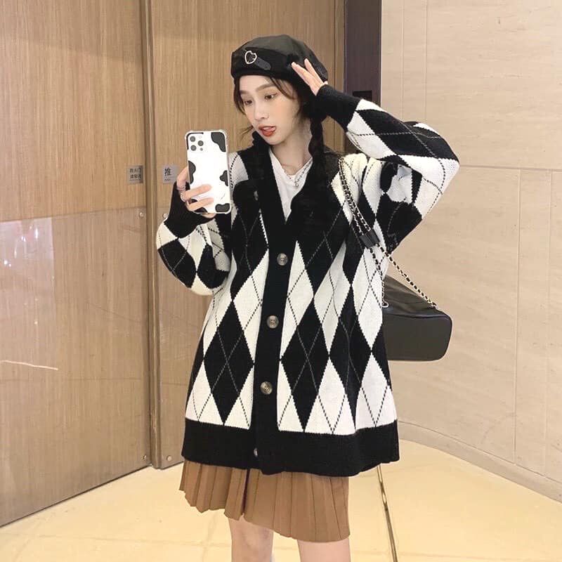 Áo khoác nỉ dáng rộng oversize hoạ tiết ô kẻ trám thời trang, Áo khoác cardigan phong cách ulzzang hàn quốc - HANA