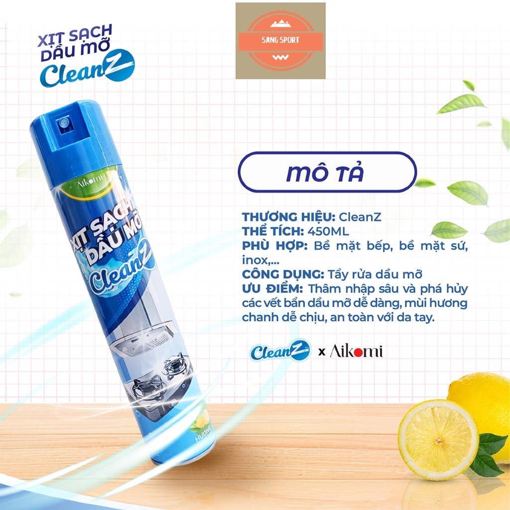 Bình xịt tẩy dầu mỡ nhà bếp CleanZ đánh bay vết bẩn cứng đầu trên xoong nồi,tường gạch, lưới má