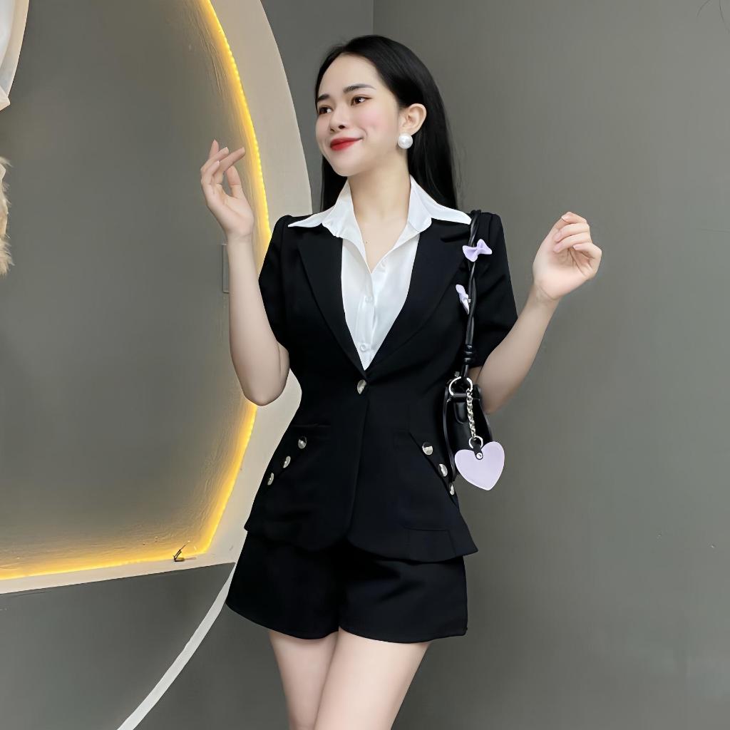 Set Vest Thiết Kế 2 Món Gồm Áo Khoác Túi Kiểu Tay Dài Phối Quần Short  T1581 - Thanh Tự