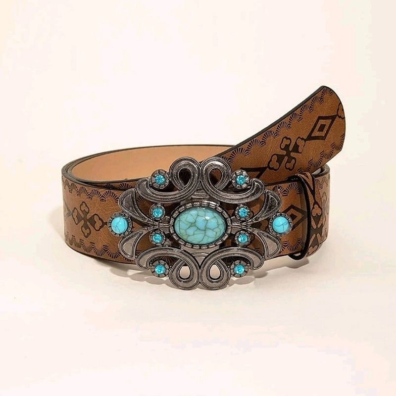 Thắt Lưng Nâu Vintage Cổ Điển Đính Đá Xanh Ngọc Lam Phong Cách Bohemian