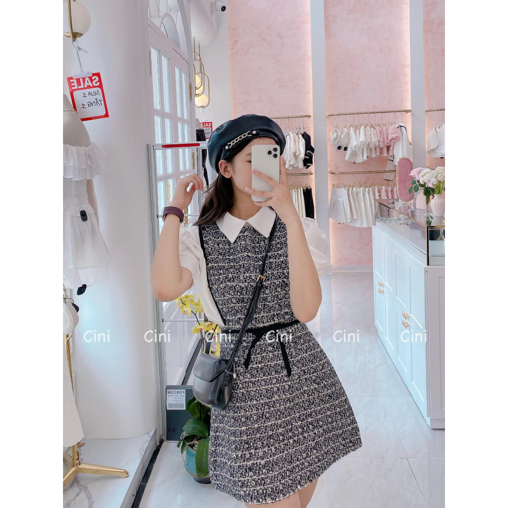 Set váy yếm caro kèm sơ mi