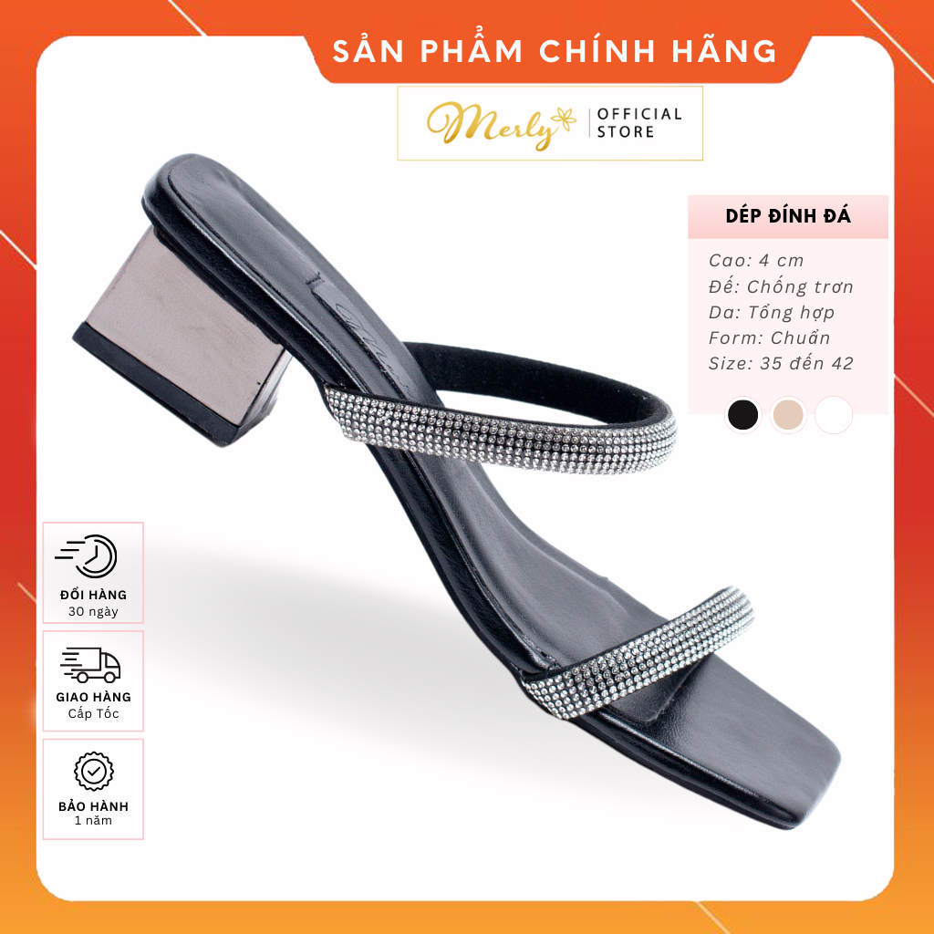 Guốc Nữ Đế Thấp Gót Cao 5cm Merly 1529 , Guốc Nữ Quai Ngang Đính Xoàn Lấp Lánh Bling, Dép Nữ Big Size 40 41 42, Dép Đi T