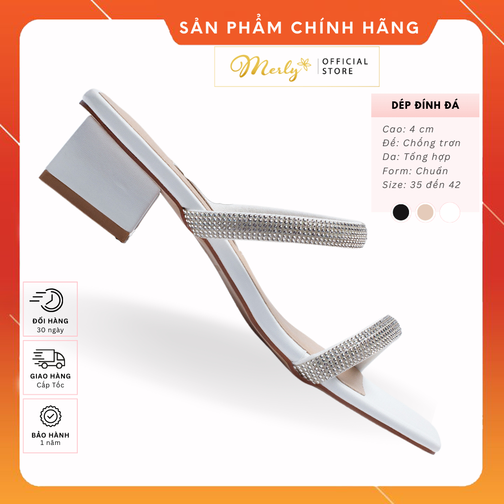 Guốc Nữ Đế Thấp Gót Cao 5cm Merly 1529 , Guốc Nữ Quai Ngang Đính Xoàn Lấp Lánh Bling, Dép Nữ Big Size 40 41 42, Dép Đi T