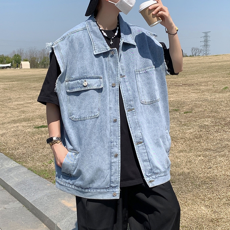 Áo khoác vest denim nam dáng rộng nhiều túi, áo jean gile unisex cộc tay oversize độc đáo 8002