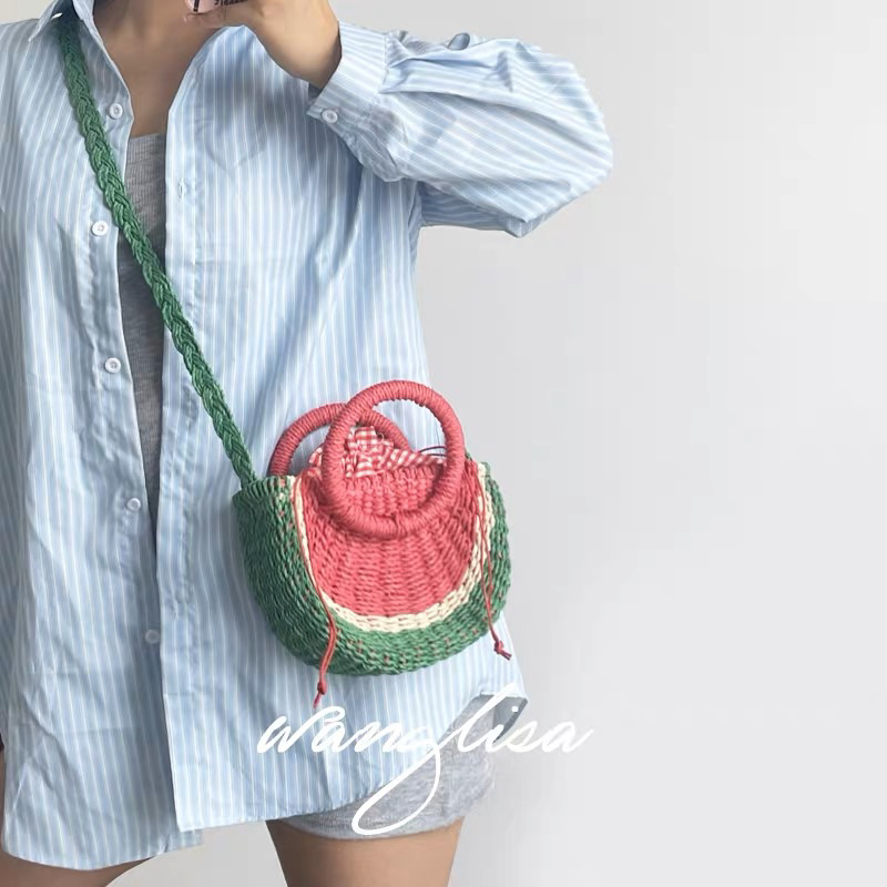 Túi cói dưa hấu quả cam lót vải caro rút miệng xách và đeo chéo dễ thương