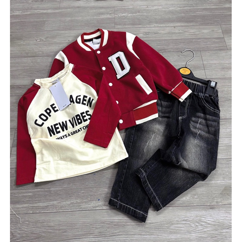 Set bộ 3ct áo phông áo bomber quần jeans cho bé trai